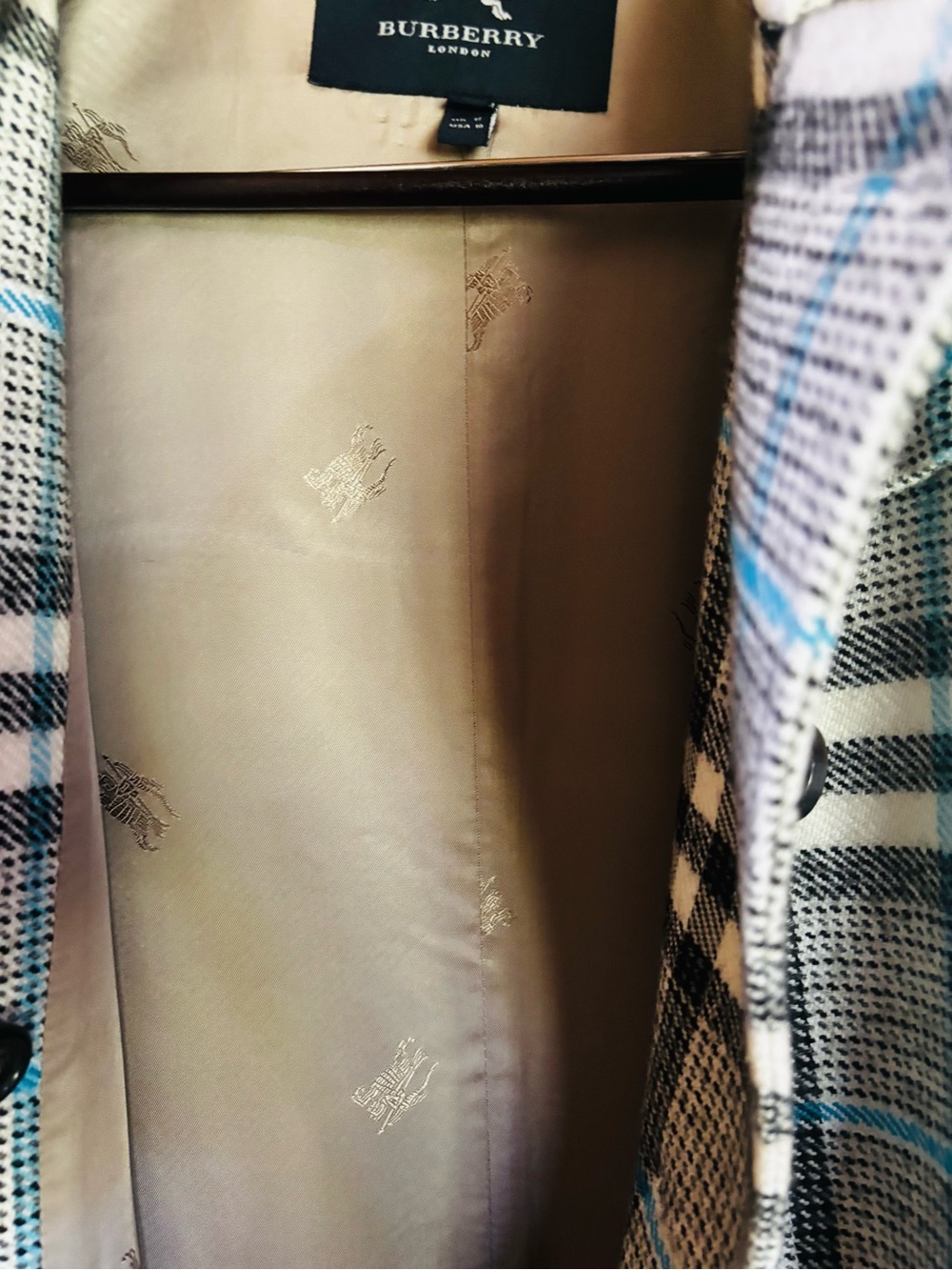 Burberry Black White Gray Plaid Trench Coat with Light Blue Accents - Picture 8 of 12